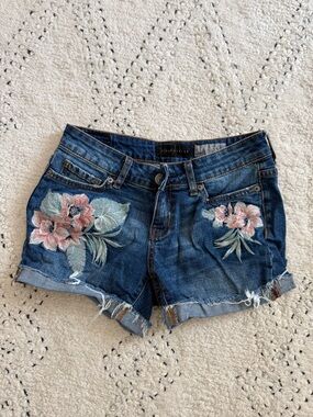 Aeropostale Dark Blue Denim Shorts with Pink Floral Embroidery